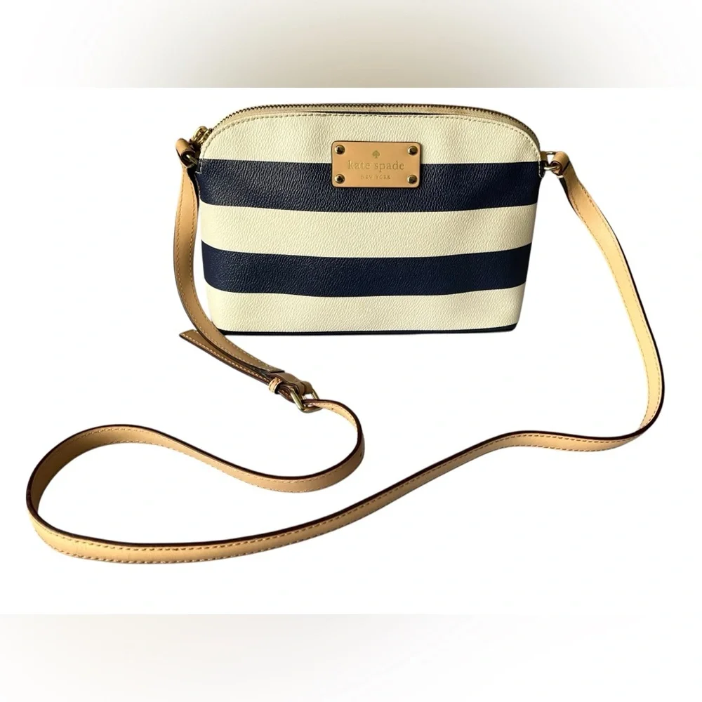 Kate Spade Navy and White Striped Leather Crossbody with Adjustable Tan Strap